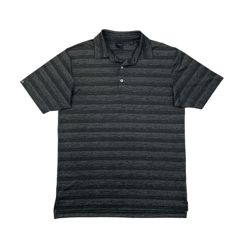 Dunning Golf Shirt Mens S Small Black Grey Striped 3 Button Placket Shirttail